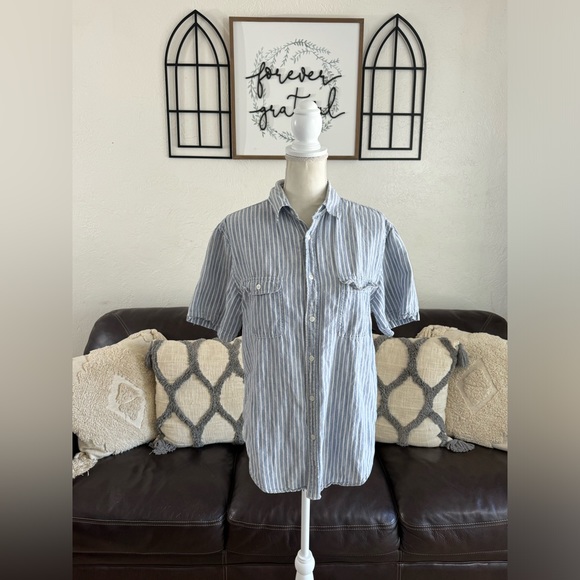 Merona Classic Blue Pinstriped Linen Blend Short Sleeve Button Down Shirt Sz M - Picture 1 of 11